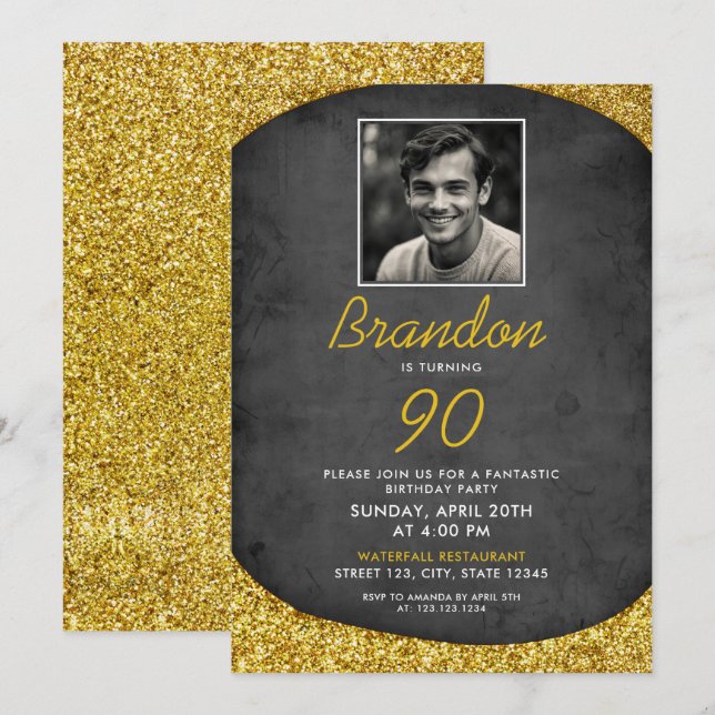 Invitación Clásico Black & Gold Vintage Photo 90th Birthday (Anverso / Reverso)