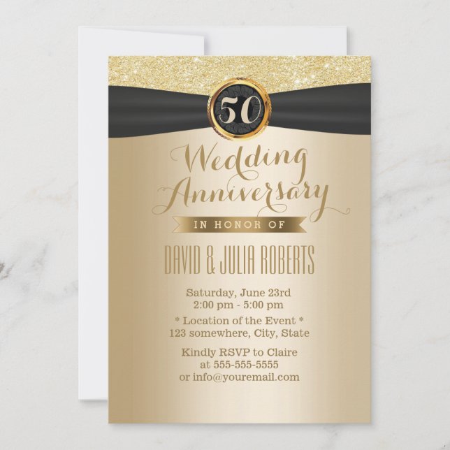 Invitación Clásico Black Ribbon Gold 50° Aniversario Boda (Anverso)