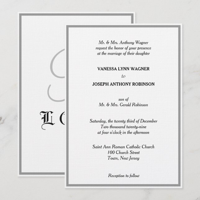 Invitación Clásico Blanco Negro Plata Monograma Boda  (Anverso / Reverso)