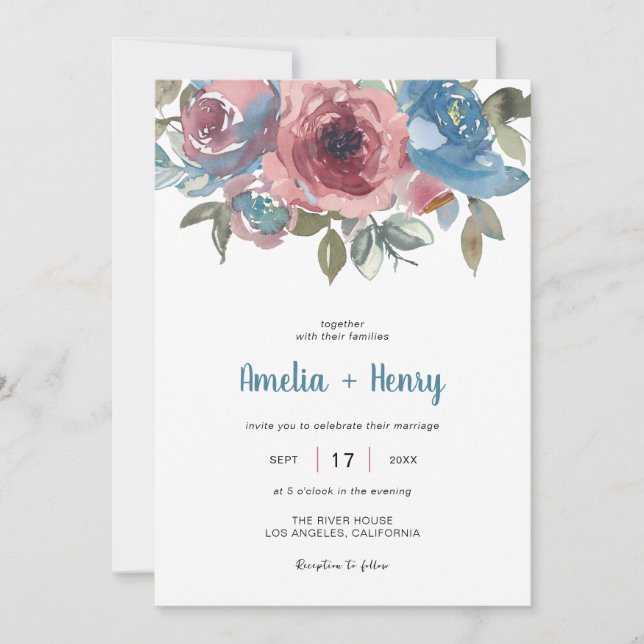 Invitación Clásico Blue & Pink Floral Elegante Wedding (Anverso)