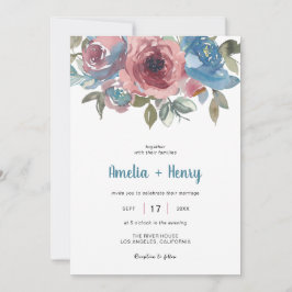 Invitación Clásico Blue & Pink Floral Elegante Wedding