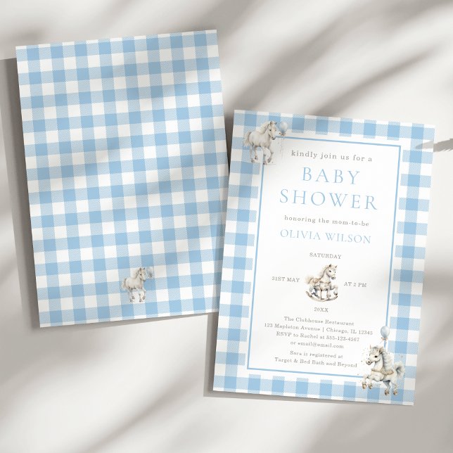 Invitación Clásico Blue Plaid Rocse Horse Baby Boy Shower (Classic Baby Boy Blue Plaid Watercolor Rocking Horse Baby Shower Invitation)