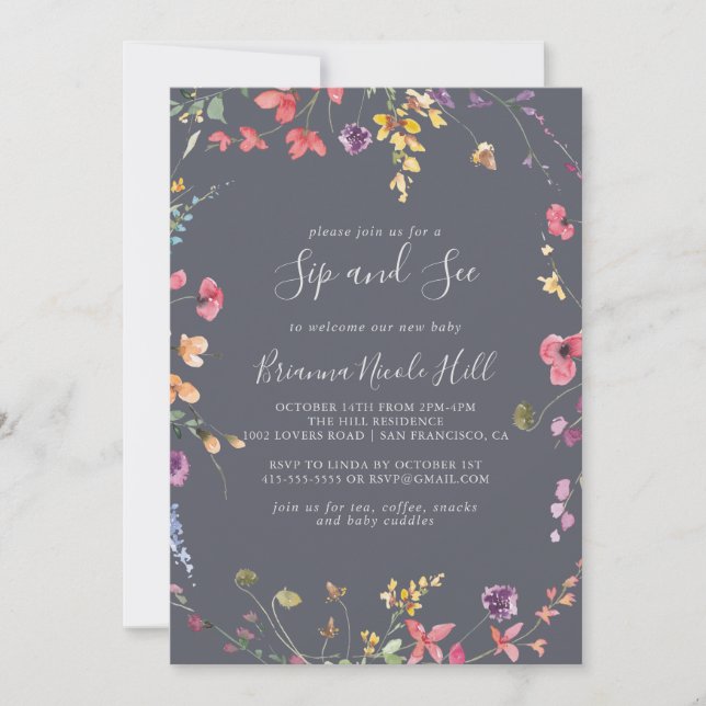 Invitación Clásico Blue Wild Floral Sip and See (Anverso)