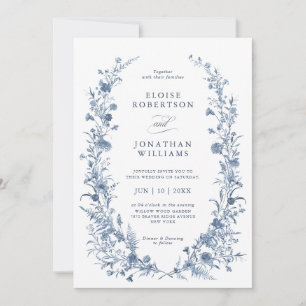 Invitación Clásico Boda Chic Jardín Francés Azul Victoriano