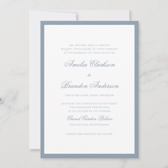 Invitación Clásico Boda con Letra Script y Borde Azul Polvori (Anverso)