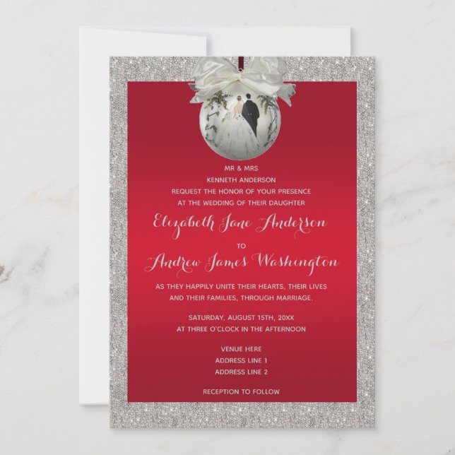 Invitación Clásico Boda de Navidades rojos y espumosos bauble (Anverso)