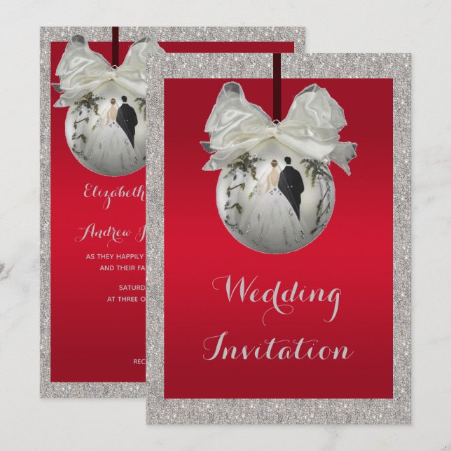 Invitación Clásico Boda de Navidades rojos y espumosos bauble (Anverso / Reverso)