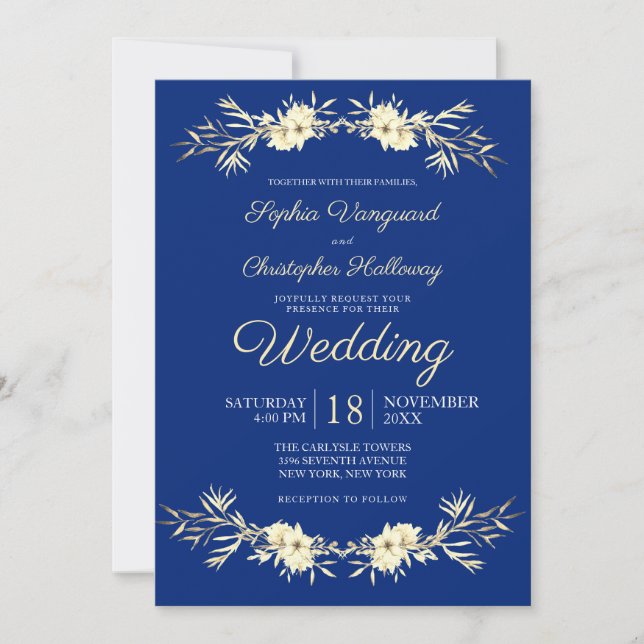 Invitación Clásico Boda de Trigo de Invierno Floral Azul de I (Anverso)