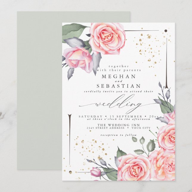 Invitación Clásico Boda Elegante color de agua rosas rosadas (Anverso / Reverso)