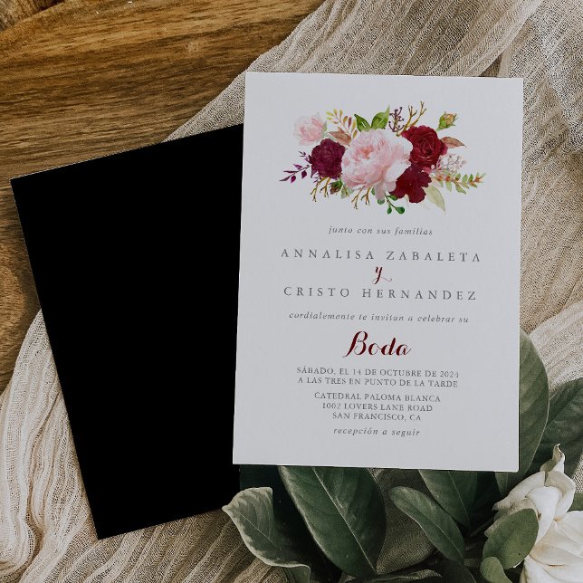 Invitación Clásico Boda Español Tropical Negro Borgoña (Subido por el creador)