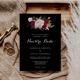 Invitación Clásico Boda Español Tropical Negro Borgoña