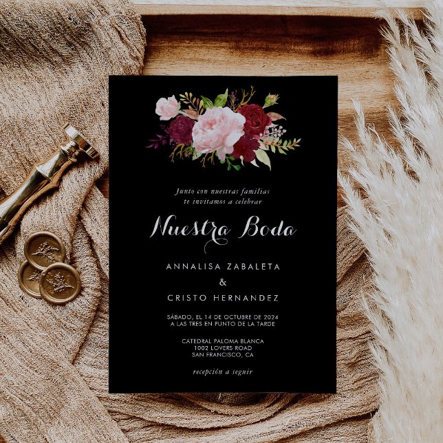 Invitación Clásico Boda Español Tropical Negro Borgoña (Subido por el creador)