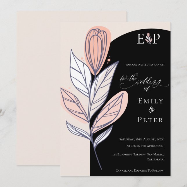Invitación Clásico Boda floral de mano blanca negra dibujada (Anverso / Reverso)