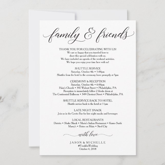 Invitación Clásico Boda Itinerario - Familia de bienvenida Bo (Anverso)
