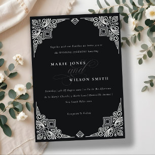 Invitación Clásico Boda Ornato de Art Deco Blanco y Negro