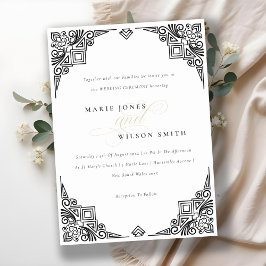 Invitación Clásico Boda Ornato de Art Deco Blanco y Negro