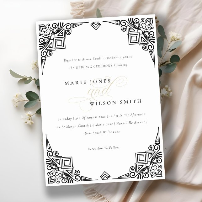 Invitación Clásico Boda Ornato de Art Deco Blanco y Negro (Subido por el creador)