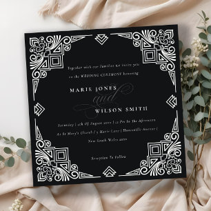 Invitación Clásico Boda Ornato de Art Deco Blanco y Negro