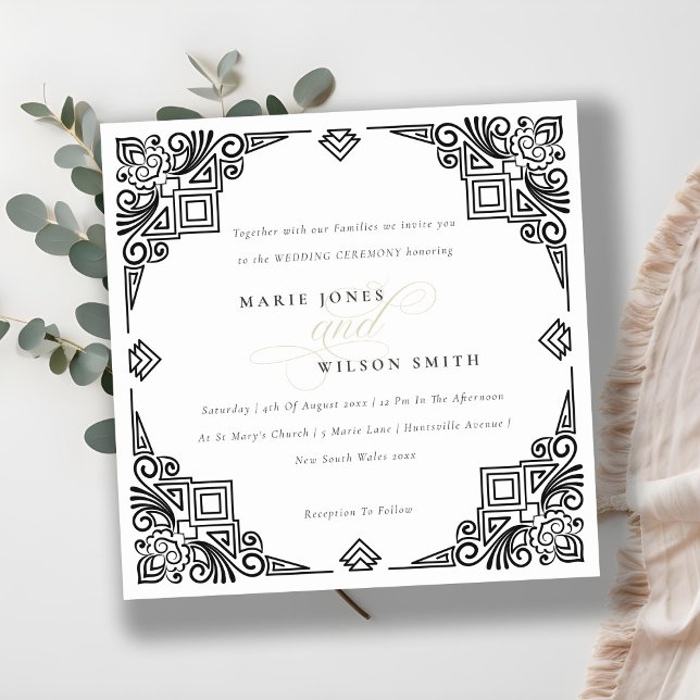 Invitación Clásico Boda Ornato de Art Deco Blanco y Negro (Subido por el creador)