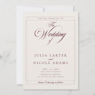Invitación Clásico Boda QR Caligrafía Marfil Borgoña