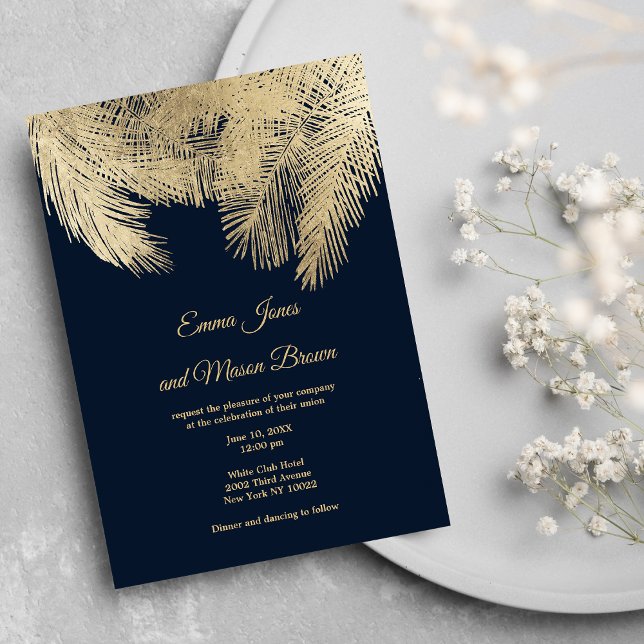 Invitación Clásico Boda tropical de palmera dorada azul marin (Classy navy blue gold palm tree tropical Wedding )
