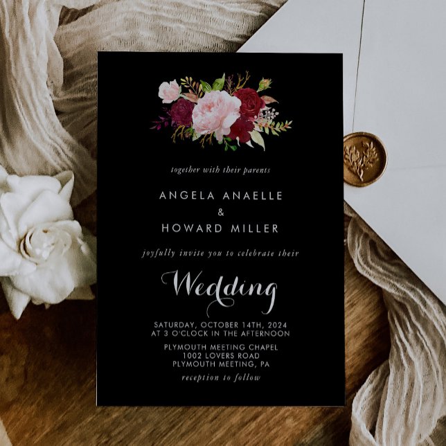 Invitación Clásico Boda Tropical Negro Borgoña (Subido por el creador)