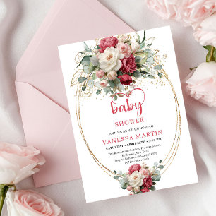 Invitación Clásico Bohemio Rojo Carmesí Blanco Oro Floral  