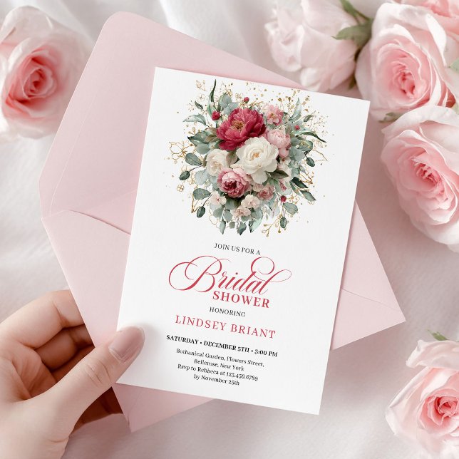 Invitación Clásico Boho Borgoña Rubor Oro Ducha Nupcial (Sophisticated Bohemian Red White Floral Greenery)