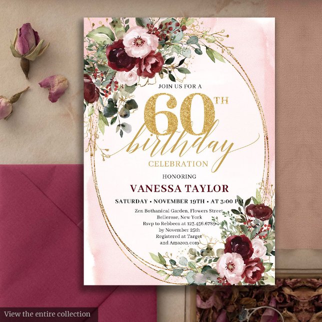 Invitación Clásico Boho Burgundy Rosas Sonrosadas Cumpleaños  (Classic Boho Burgundy Blush Roses 60th Birthday)
