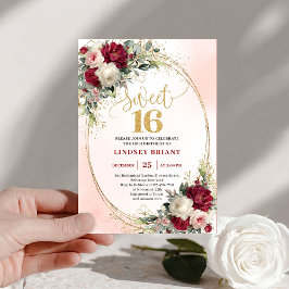 Invitación Clásico Boho Burgundy Rubor Dorado Floral Dulces 1