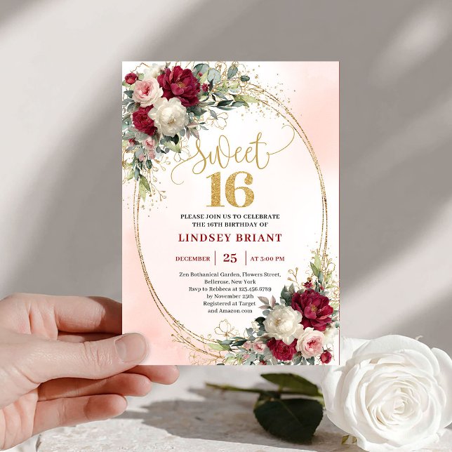 Invitación Clásico Boho Burgundy Rubor Dorado Floral Dulces 1 (Classy Boho Burgundy Blush Gold Floral Sweet Sixteen)
