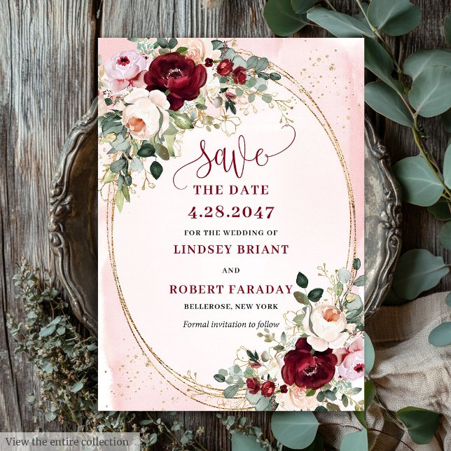 Invitación Clásico Boho Burgundy Rubor Rosas Oro Salva Fecha (Classic Boho Burgundy Blush Gold Roses Save Date)