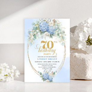 Invitación Clásico Boho Cumpleaños 70 Azul Floral Eucalipto