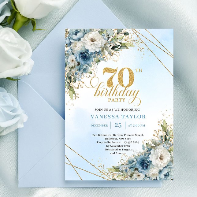 Invitación Clásico boho flores azules eucalipto 70 cumpleaños (Classic boho blue florals eucalyptus 70th birthday invite

)
