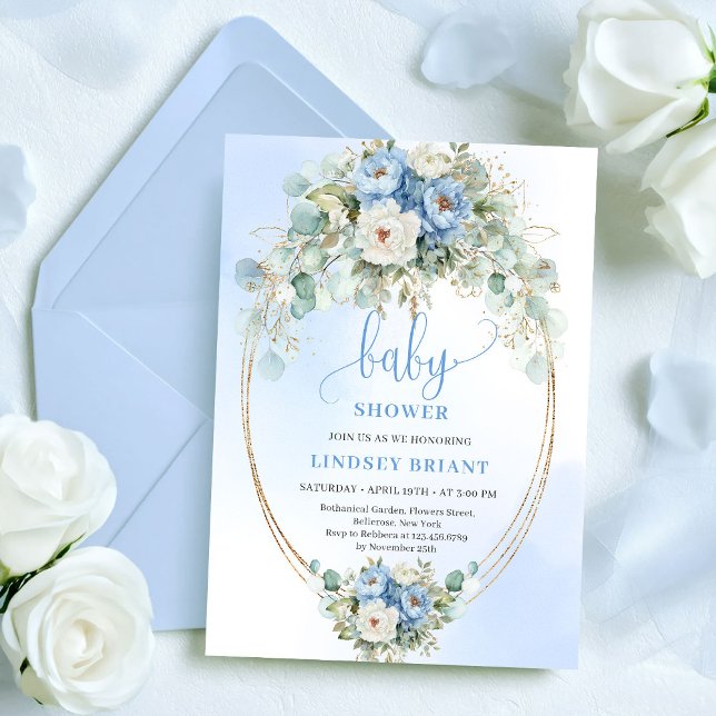 Invitación Clásico Boho Flores Azules Pastel Shower de Bebé D (Classic Pastel Blue Flowers Baby Shower Gold Invitation)