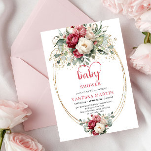 Invitación Clásico Boho Rojo Blanco Floral Dorado Baby Shower