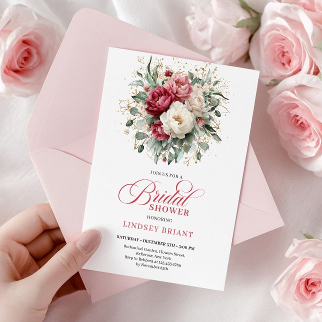 Invitación Clásico Boho Rojo Blanco Floral Oro Despedida de S (Classic Boho Red White Floral Gold Bridal Shower)
