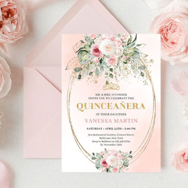 Invitación Clásico Boho Rosa Floral Rústico Quinceañera (Classic Blush Pink Floral Rustic Quinceañera Invite)