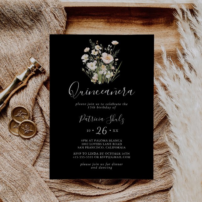Invitación Clásico Boho Rubor Wildflower Negro Quinceañera (Subido por el creador)