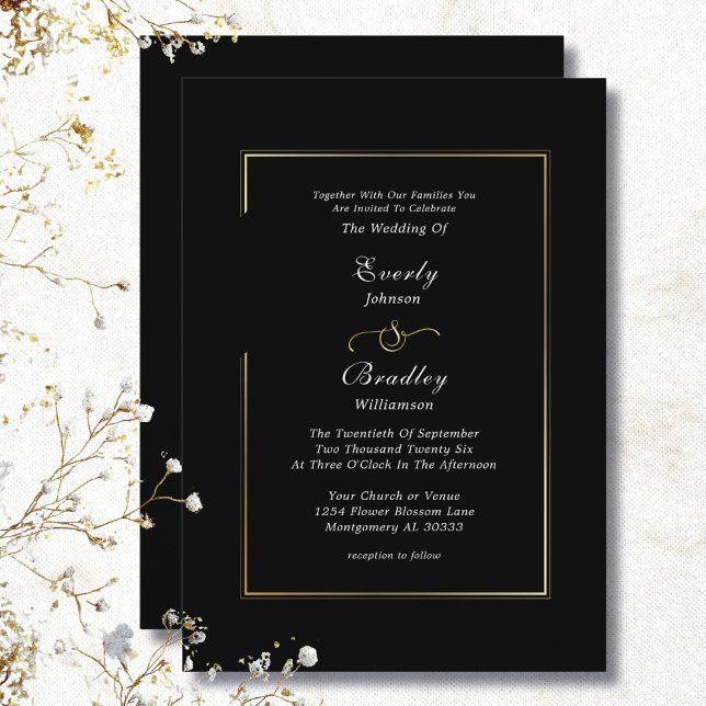 Invitación Clásico Borde de Marco Negro Blanco Dorado Chic Bo (Subido por el creador)