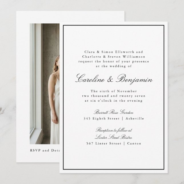 Invitación Clásico Borde Script Blanco Elegante Foto Boda (Anverso / Reverso)