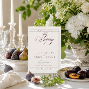 Invitación Clásico Borgoña Marfil Caligrafía Foto Boda