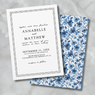 Invitación Clásico Botánico Azul Elegante Floral Boda