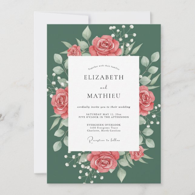 Invitación Clásico Botánico de Boda Verde Pino (Anverso)