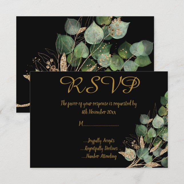 Invitación CLÁSICO BOTÁNICO NEGRO RSVP para todas las ocasion (Anverso / Reverso)