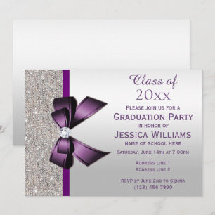 Invitación Clásico Bow Purple Gem, secuencia plateada Graduac