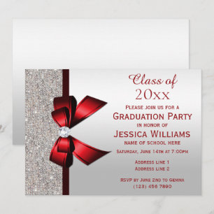 Invitación Clásico Bow Red Gem, secuencia plateada Graduación