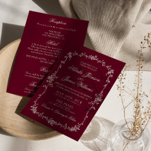 Invitación Clásico Burgundy Floral Retro Todo En Uno Boda