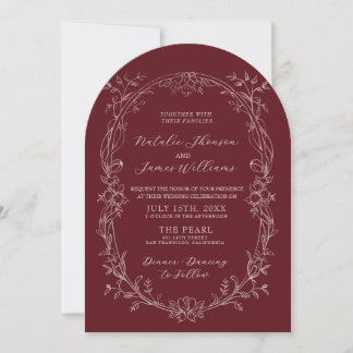 Invitación Clásico Burgundy Floral Romántico Arqueado Boda