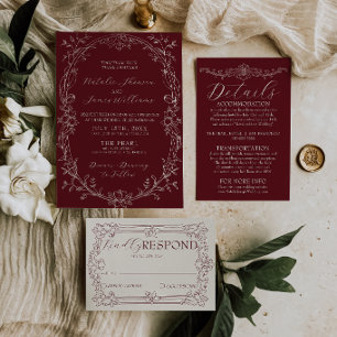 Invitación Clásico Burgundy Floral Romántico Dinero Antiguo B